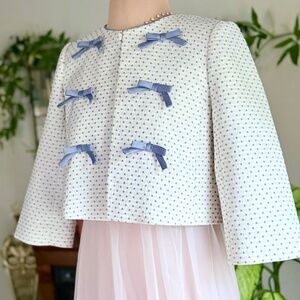 Gal Meets Glam Jacquard Bow Cropped Bridal Jacket Ivory Blue Polka Dot XS